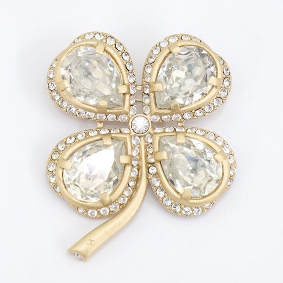 CHANEL CC Logo Crystal Rhinestone Clover Brooch Gold Tone 01C Pin Auth w/Box - Picture 1 of 7